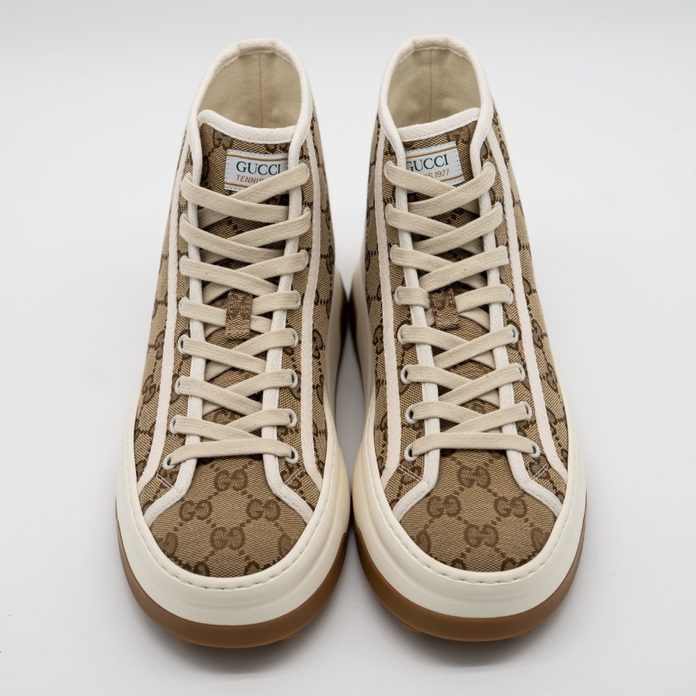 size 41G 11 US Gucci Tennis Platform GG Canvas Beige Brown Sneakers High Top - Picture 3 of 11